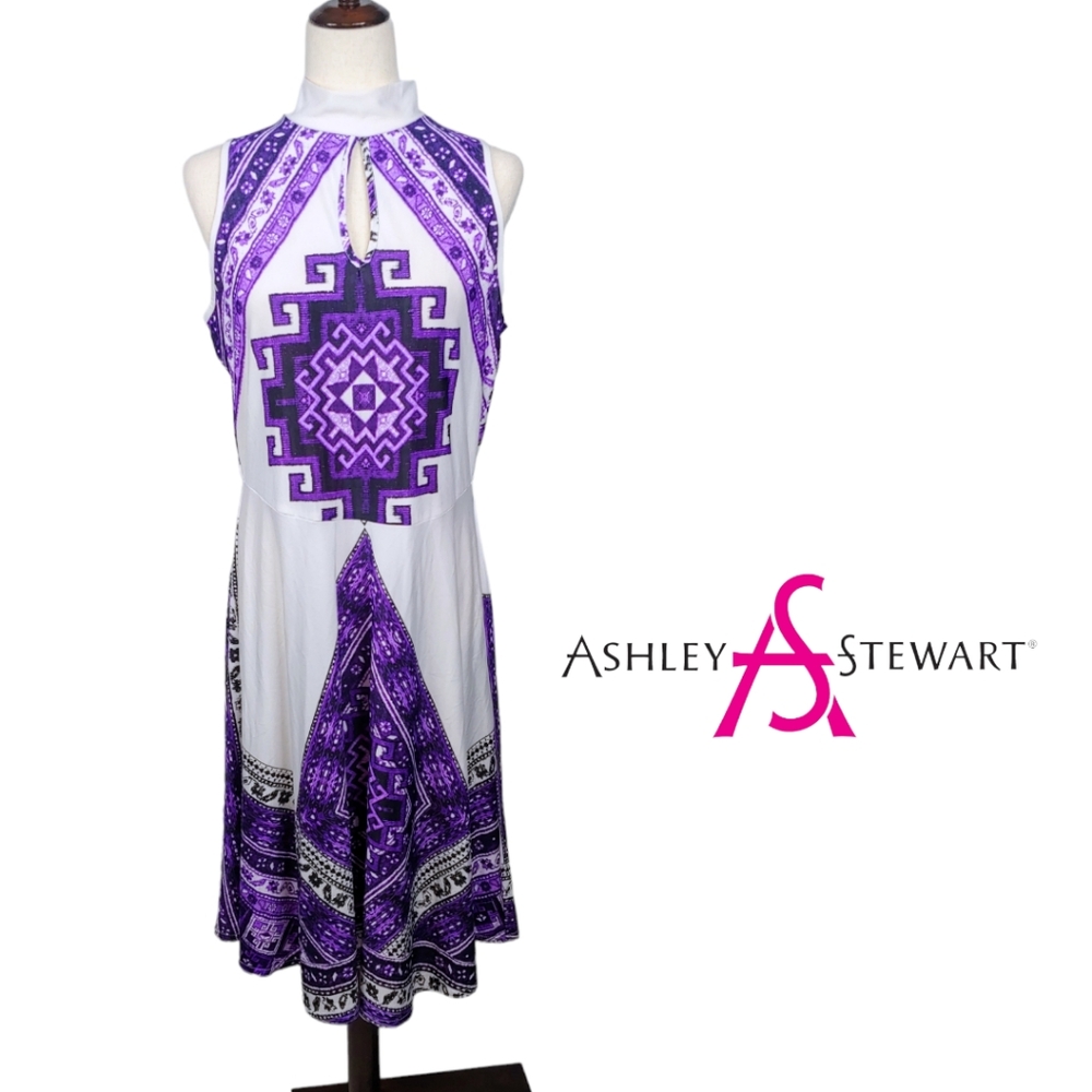 Ashley Stewart Mock Neck Keyhole Multi Print Mosaic Sleeveless Midi Dres… - Picture 14 of 14